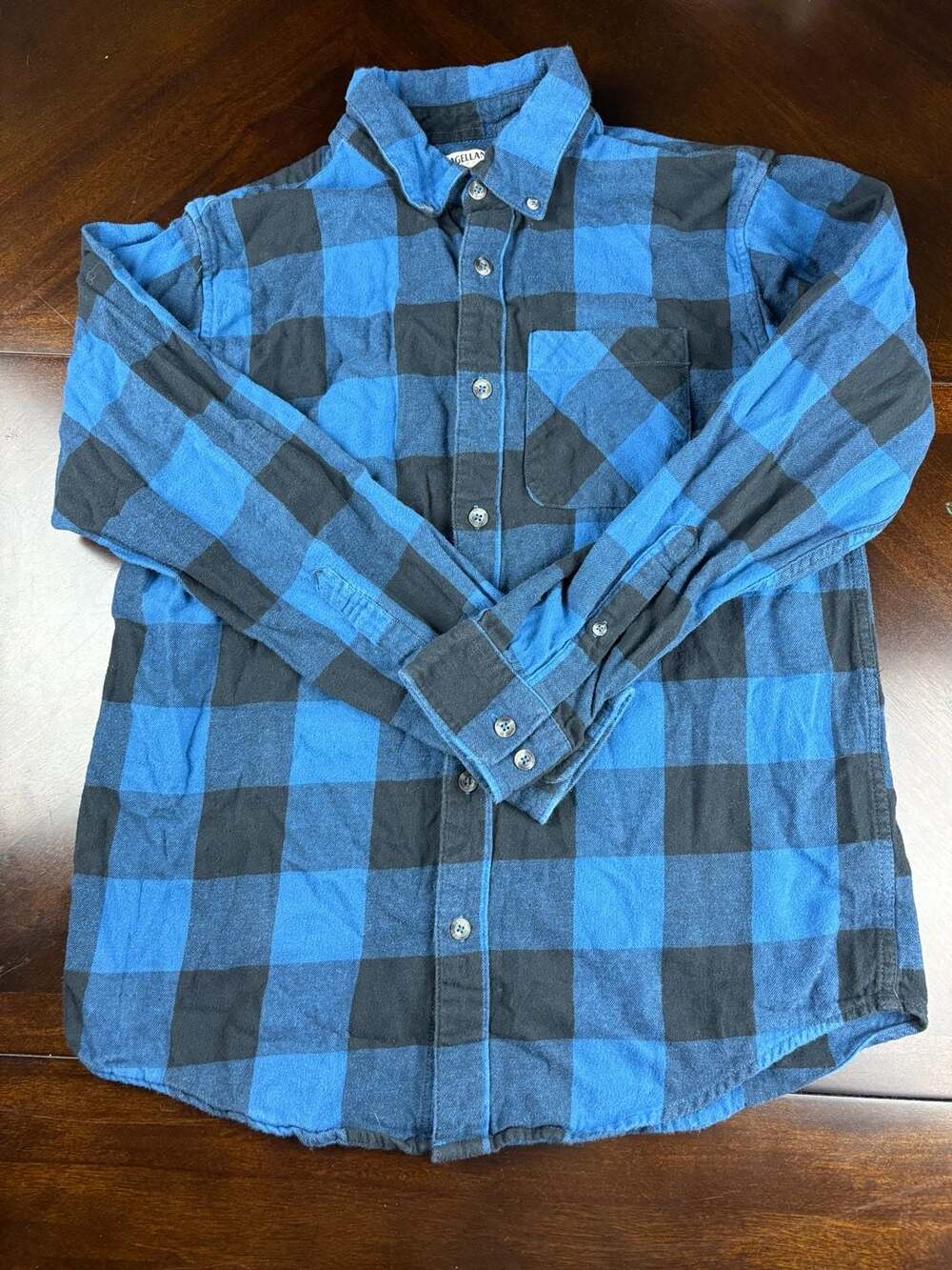 Magellan Outdoors Men’s Small Blue Black Buffalo Plaid Flannel Shirt 100% Cotton